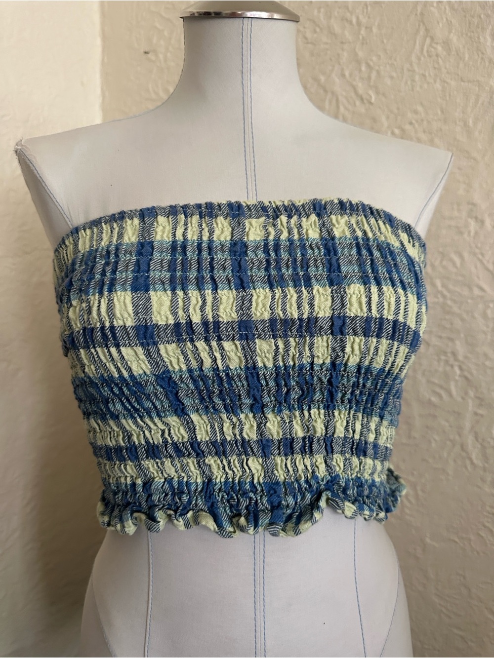 Motel Yellow Blue Plaid Smocked Strapless Tube Top Small